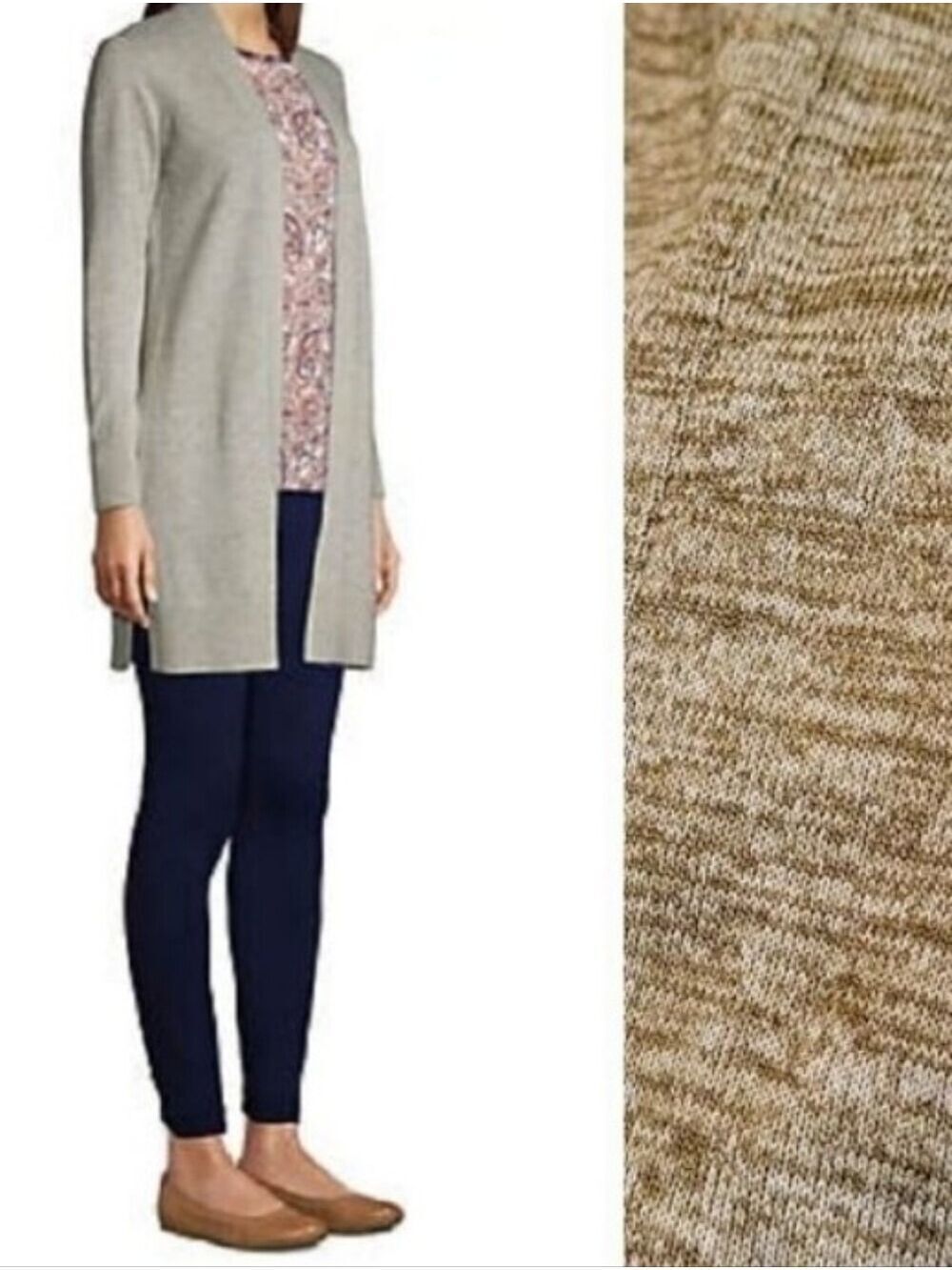 Lands' End Heathered Loden Moss Green Open Front Cardigan w/ Pockets Large Tall